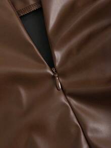 SHEIN PETITE 秋冬休闲A字喇叭PU皮迷你裙，娇小女性的时尚之选 - 棕色 - 查看 3