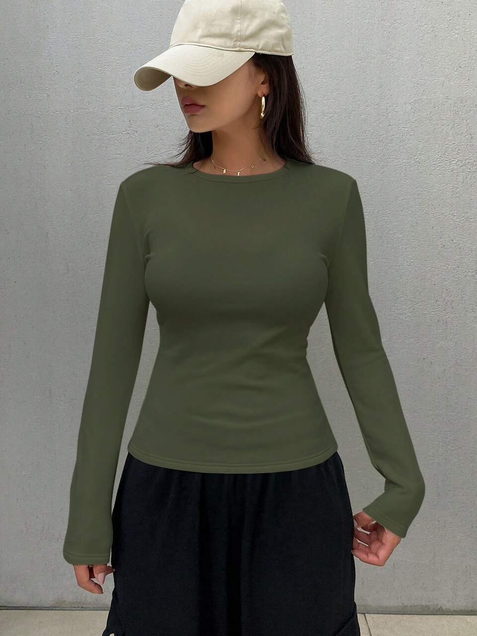 Women's Autumn/Winter Casual Daily Commute Minimalist Versatile Solid Color Thermal Lined Warm Long Sleeve Slim Fit T-Shirt Everyday Home Olive Green