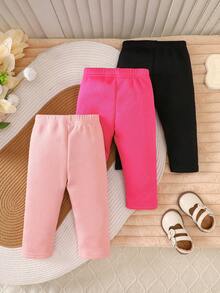 SHEIN Playful Pals 3件套女婴纯色针织保暖打底裤，休闲日常穿着，秋冬季 - 玫紅色 - 查看 2