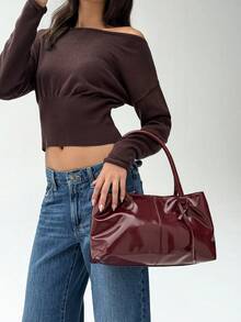 Aloruh 1 件女士大容量托特包女式 PU 皮革单肩包手提包女孩休闲经典简约设计师商务风格包时尚女士通勤手提包上班黑色白色棕色银色 - 酒紅色 - 查看 3