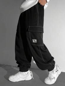 SHEIN Tween Boy 休闲多口袋撞色缝线字母图案罗纹袖口工装裤，适合秋季/春季、户外玩耍、学校、街头风格、派对和休闲