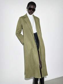 Lumivelle Women's Khaki Notched Collar Long Sleeve Basic Long Coat Jacket, Suitable For Commuting And Business Occasions, Autumn/Winter - Army Green - View 3