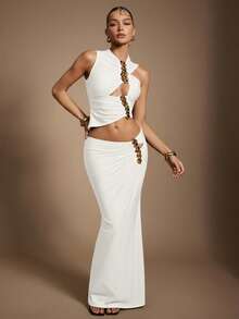 Hauture 女式深棕色闪耀镂空链条细节深棕色超长美人鱼裙 - 白色 - 查看 4