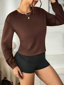 Eassivo Eassivo 女士纯色露背扭结长袖卫衣 - 咖啡棕 - 查看 3