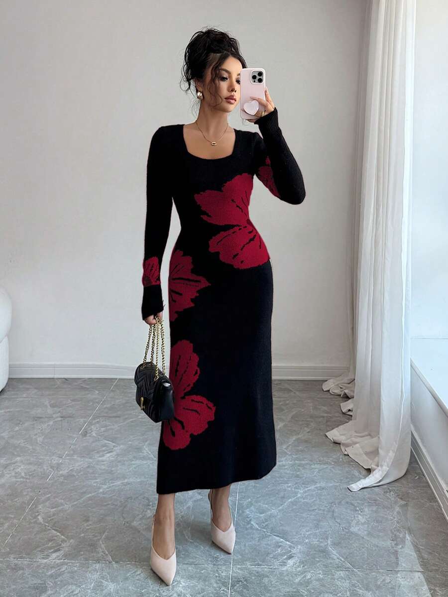 Elenzga 方领提花针织紧身腰毛衣连衣裙 - 酒紅色 - 查看 1