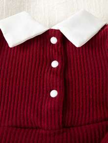 SHEIN Set de 2 piezas Conjunto informal para bebé niña recién nacida, blusa de parche con cuello y pantalones holgados de punto, simple y de moda - Burdeos - Ver 5