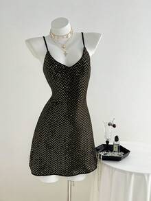 SHEIN Unity Women's Solid Color Sequin Sexy Glamorous Spaghetti Strap Mini Dress - Black - View 6