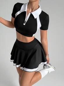 Dewbera Summer Fashion Contrast Color Cropped Short Sleeve Top And Mini Skirt Sportswear Set Two Piece Tennis Skirt Set