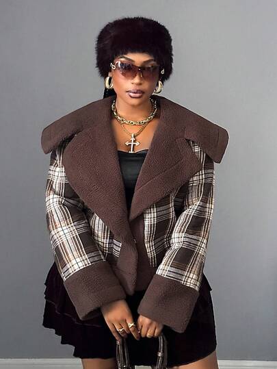 Maweii Plus Size Women's Plaid Thermal Lined Turndown Collar Long Sleeve Short Fashionable Jacket, Suitable For Outings And Commuting, Collegiate Style