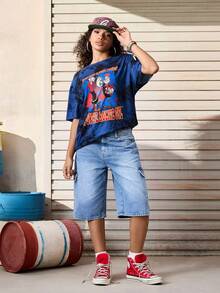 Popeye X SHEIN Damska luźna koszulka z krótkim rękawem i okrągłym dekoltem w stylu tie-dye z kreskówkowym wzorem, na lato - Granatowy - Zobacz 6