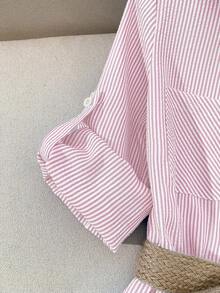 Franclia 女士休闲条纹前开襟纽扣口袋连衣裙，秋季款 - 淺粉色 - 查看 4