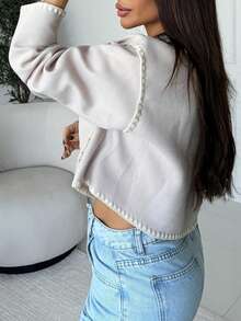 Milla Jasmine Women Crew Neck Jacket, Embroidered Contrast Edge Jacket, Casual Street Style Ladies Jacket, Office Wear In Fall/Winter - Apricot - View 3
