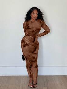 Alexandranx Elegant Gradient Long Sleeve Slim Fit Women's Dress Fall Cloth For Women - Coffee Brown - View 5