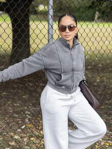 Melissa Matos 水洗拉链夹克 运动衫 运动服 缝线细节 返校 秋冬 舒适 秋季 圣诞节 可爱 休闲 日常 胶囊衣橱 Y2K 街头服饰 - 深灰色 - 查看 1