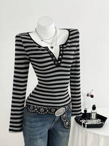 SHEIN Unity 女士优雅条纹长袖T恤，百搭休闲日常穿着，秋冬款 - 彩色 - 查看 3