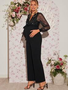 Loomaby Maternity Fashionable Party Silver Foil Patchwork Jumpsuit Maternity Clothes Two Piece Suits Pregnant Outfits Dress For Pregnant Woman Pregnancy Photoshoot Dress Maternity Dresses Baby Shower  Dress Gender Reveal Dress Maternity Dress Baby Shower Dress