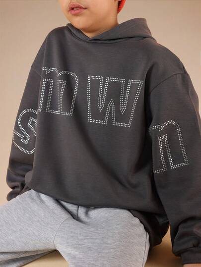 SUMWON Sudadera con capucha con bolsillo central y adornos de strass para niños, para uso casual diario