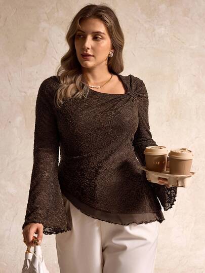 Elegantrix ملابس علوية نسائية كبيرة الحجم بياقة غير متماثلة وذيل ملفوف محبوك