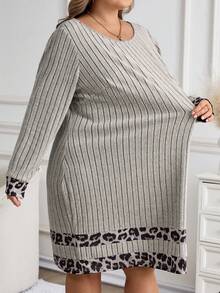 SHEIN CURVE+ Plus Size Women Knitted Ribbed Plush Patchwork Leopard Print Casual Dress, Autumn/Winter - Grey - View 6