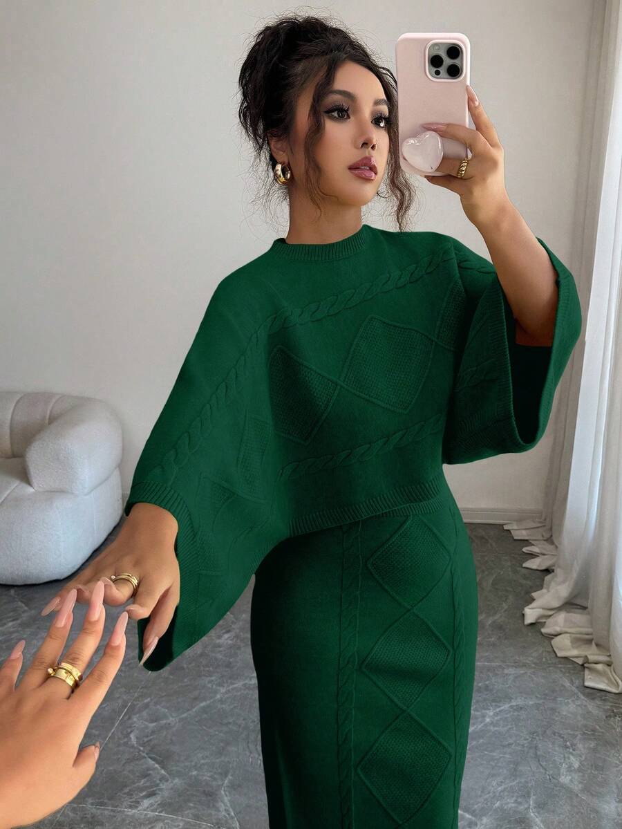 Elenzga Yellow Long Sleeve Top And Straight Skirt 2 Pieces Set, Elegant And Suitable For Party, Commute In Autumn/Winter - Green - View 1