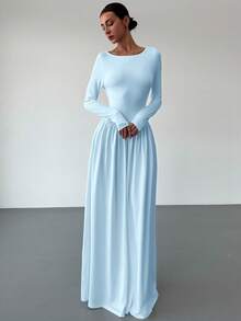 Aloruh New Sexy Scoop Neck Long Sleeve Blue Dress, Versatile & Slimming, Suitable For Autumn/Winter - Blue - View 3