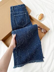 Comfortcana 女士秋季口袋阔腿宽松休闲百搭牛仔裤，时尚斑点阔腿牛仔裤，毛边高腰牛仔裤，纹理宽松牛仔裤，优雅牛仔裤，女士圣诞节牛仔裤，女士冬季牛仔裤，女士秋冬牛仔裤 - 深色水洗藍 - 查看 2