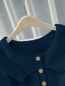 Franclia Button Decor Off Shoulder Solid Color Elegant Long Sleeve Sweater - Navy Blue - View 5