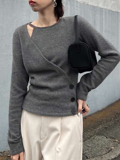 FRIFUL Women's Casual Crossover Crew Neck Sweater