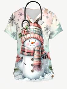 PopScrub Modna damska koszulka z krótkim rękawem i dekoltem w serek, z akwarelowym bałwanem, z grafiką, na Boże Narodzenie