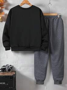 Vacaura 两件套休闲青少年男童黑白灰拼接卫衣和运动裤套装，适合春秋季穿着 - 黑色 - 查看 2