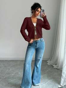 Rafferiza Cardigan Lengan Panjang Bertekstur Berlian Serbaguna Gaya Kasual Prancis - Burgundy - View 6