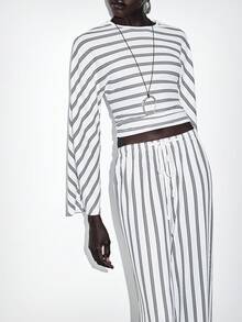 SHEIN LUNE Bộ 2 áo thun kẻ sọc dệt kim ôm sát cổ tròn cánh dơi tay dài tay thẳng ống rộng dây rút eo thoải mái khi đi làm gợi cảm mùa xuân/hè cho nữ kèm quần - Đen và trắng - Xem 6