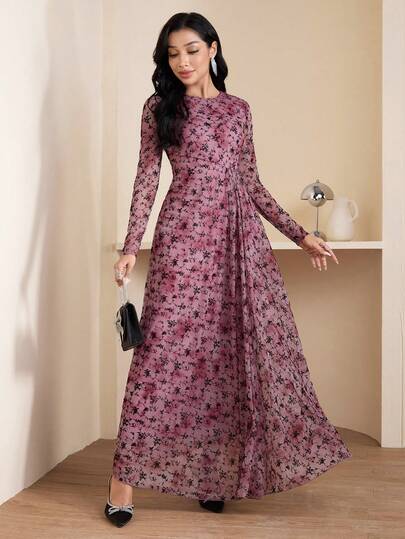 Veilorie Women's Elegant Commuter Floral All-Over Print Arabic Style Dress