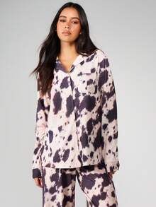 MISSGUIDED 女士奶牛印花睡衣套装 长袖纽扣睡衣衬衫 阔腿裤 家居服 - 彩色 - 查看 3