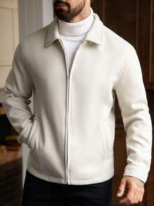 Manfinity Homme 加大码男士长袖休闲纯色简约拉链外套，秋季米色男士米色外套 白色 - 杏色 - 查看 5