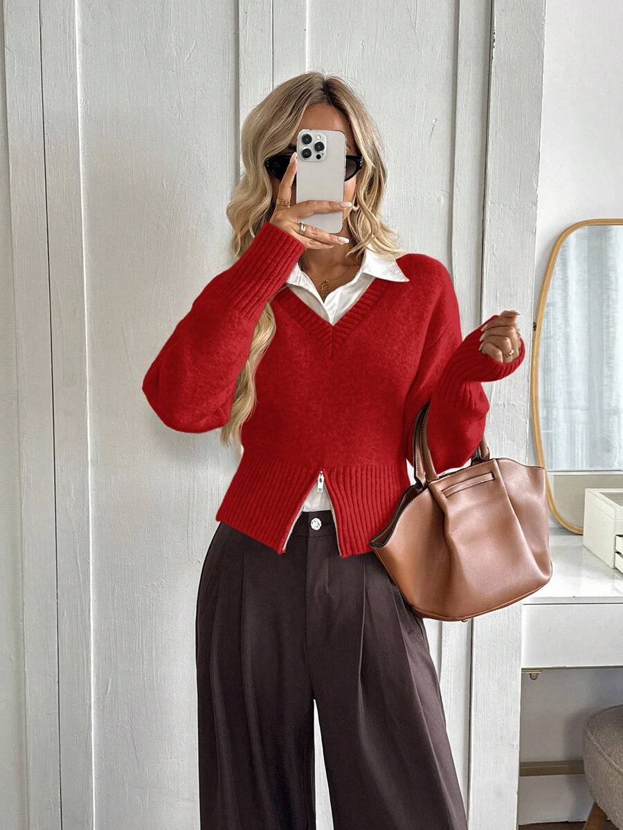 Easowa V-Neck Zip Hem Relaxed Casual Pullover Sweater For Women In Fall/Winter - Red - View 1