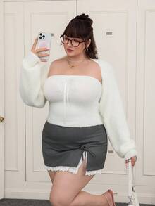 SHEIN EZwear طقم كنزة صوفية طويلة الأكمام من الأصواف الناعمة والجذابة للمقاسات الكبيرة، خريف/شتاء - أبيض - مشاهدة 12
