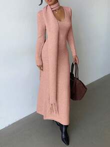 Elenzga 优雅浅杏色V领简约舒适复古风针织连衣裙，配流苏围巾，适合秋冬季通勤和户外活动穿着。 - 粉色 - 查看 5