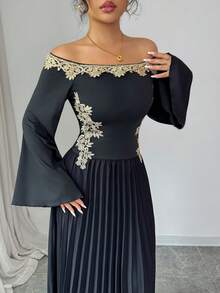 Elenzga Vestido de mujer con diseño elegante, de moda, cómodo y casual, con encanto retro y romántico para vacaciones, de manga larga, hombros descubiertos, cintura ceñida, falda plisada, unicolor, patchwork, decoración de encaje floral dorado - Negro - Ver 5