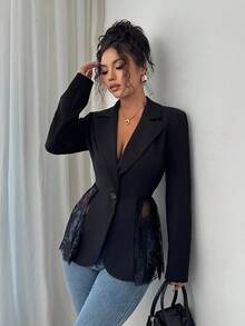 SHEIN PETITE Elegant Romantic Contrast Lace Waist Fitted A-Line Women Blazer Jacket
