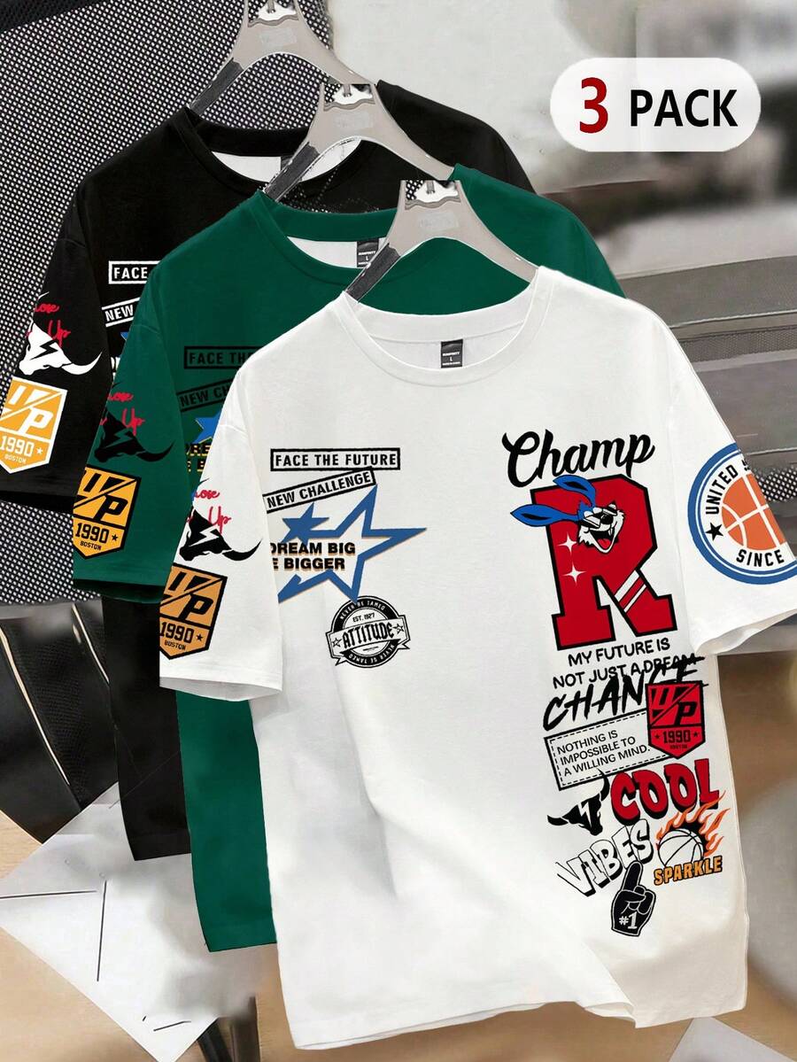 Claim Dot 3件装男士字母卡通印花圆领短袖T恤 - 彩色 - 查看 1