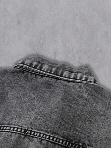 Manfinity Denimwave 男士破洞長袖牛仔夾克，黑色純棉素面派對搖滾說唱風格 - 深灰色 - 查看 4