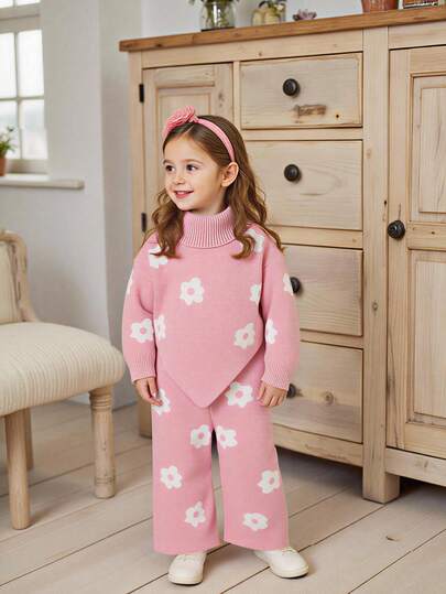SHEIN Vintaside Kids 2 件女婴休闲可爱黄色花卉图案针织高领毛衣 + 阔腿针织裤套装，柔软舒适，适合日常、外出、旅行、度假、居家、日托和女婴玩耍