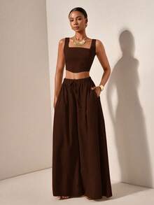 Zivah Nuevo conjunto de 2 piezas de pantalones casuales para vacaciones de primavera/verano con tirantes en forma de espina de pescado y pantalones anchos con bolsillos, de tela texturizada - B - Café integral - Ver 8