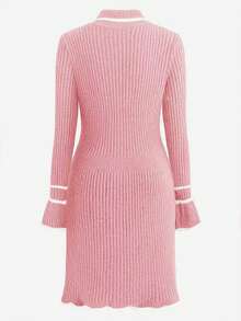 Pariaura Women's Elegant Contrast Trim Ribbed Knit Bodycon Long Sleeve Sweater Dress - Pink - View 6