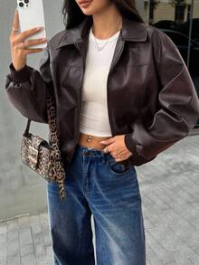 SHEIN PETITE Giacca in pelle PU invecchiata da donna, adatta per l'autunno e l'inverno, casual e di aspetto elegante - Moka Marrone - Visualizzare 1