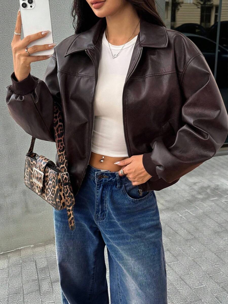 SHEIN PETITE Giacca in pelle PU invecchiata da donna, adatta per l'autunno e l'inverno, casual e di aspetto elegante - Moka Marrone - Visualizzare 1