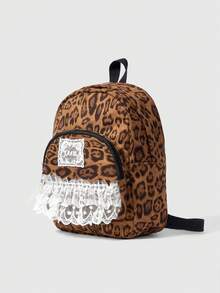 ROMWE Grunge Punk Fashionable Lace Spliced Leopard Print Suede Personalized Backpack - Brown - View 2