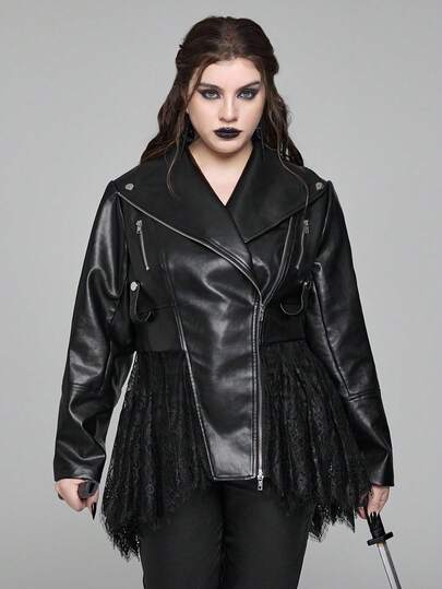 Goth Plus Size Gothic Punk PU Leather & Lace Patchwork Zip Up Jacket, Black, Autumn/Winter