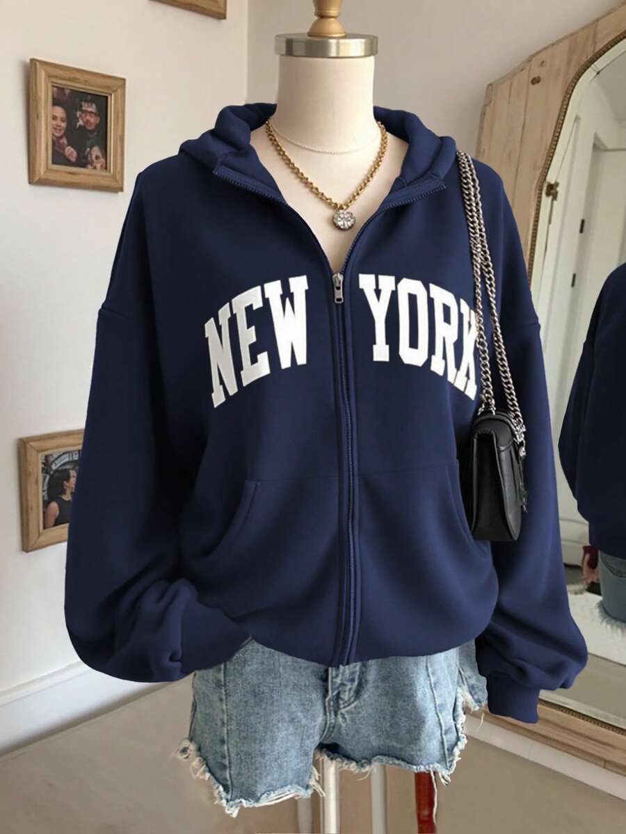 Lalippa Women's Letter Print Drop Shoulder Long Sleeve Zip Front Casual Sweatshirt, Autumn/Winter - Navy Blue - View 1